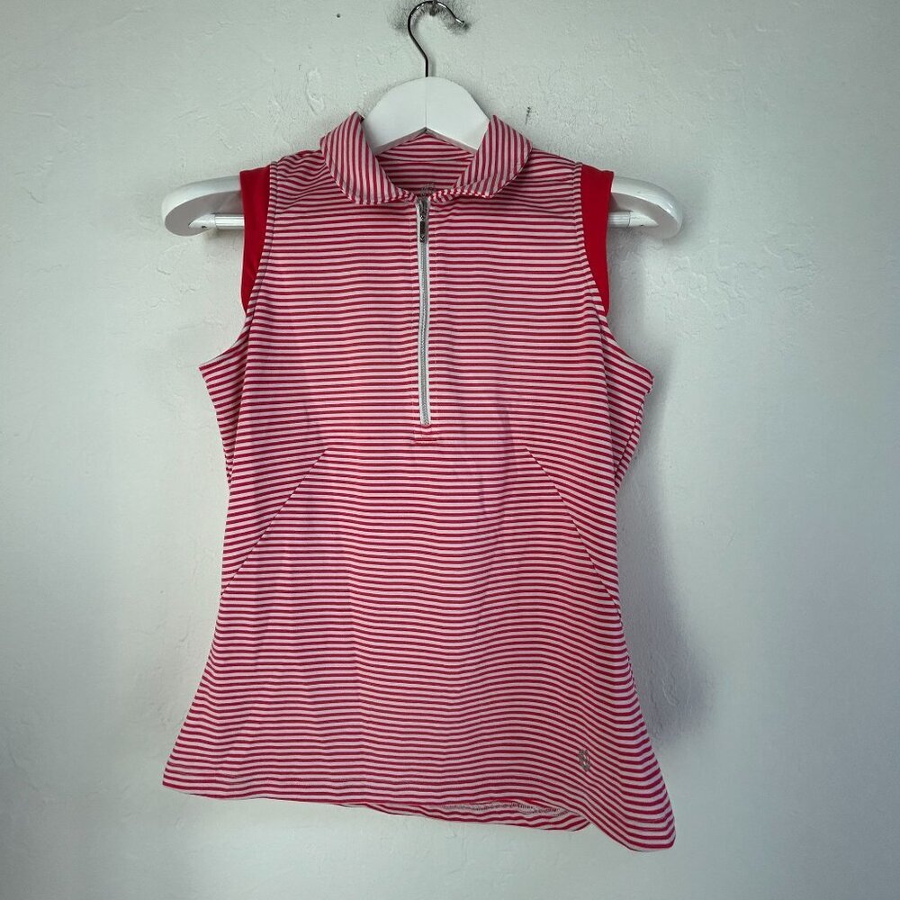 GGBlue Luxe Sport Womens Red & White Striped Sleeveless Golf Polo Shirt Small
